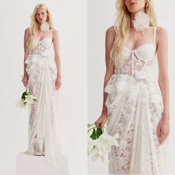 NWT For Love & Lemons Alora Floral Lace Bustier Bridal Gown in White Size XL